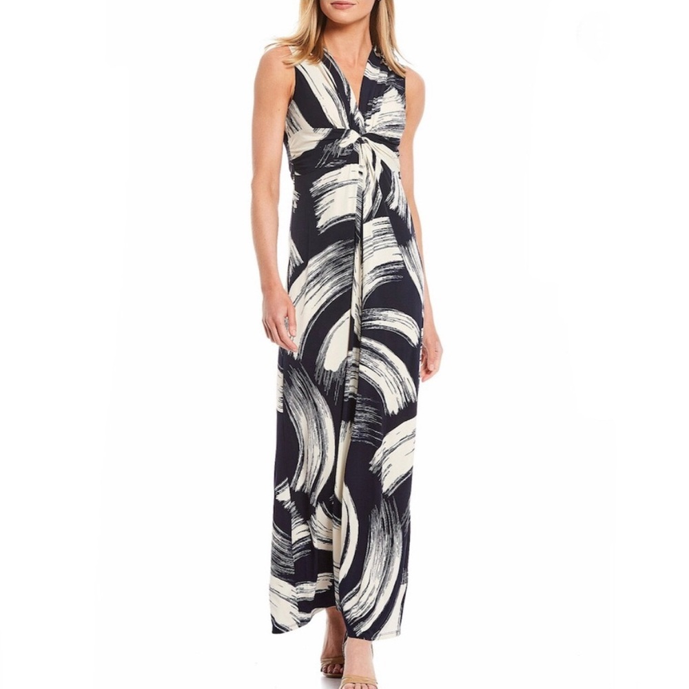 Eliza J 14 Blue White Jersey Knit Stretch Knot Twist Front Sleeveless Maxi Dress - Picture 2 of 7